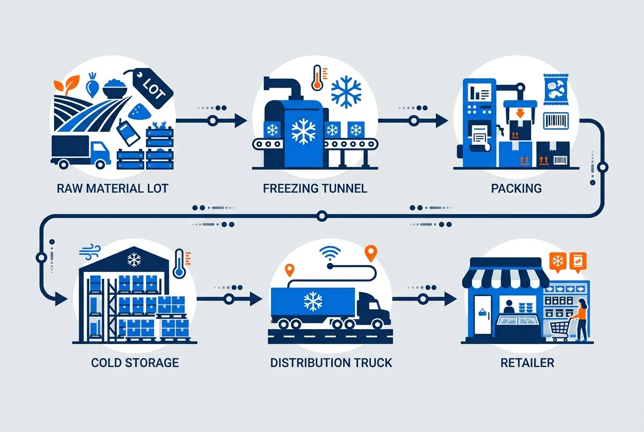 Diagram of batch traceability from raw material lot through freezing, packing, cold storage, distribution and retailer