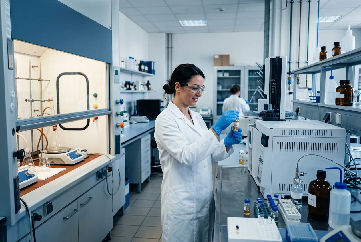 Chemist holding a sample vial in a quality-control laboratory beside analytical instruments and a fume hood (illustrative image)