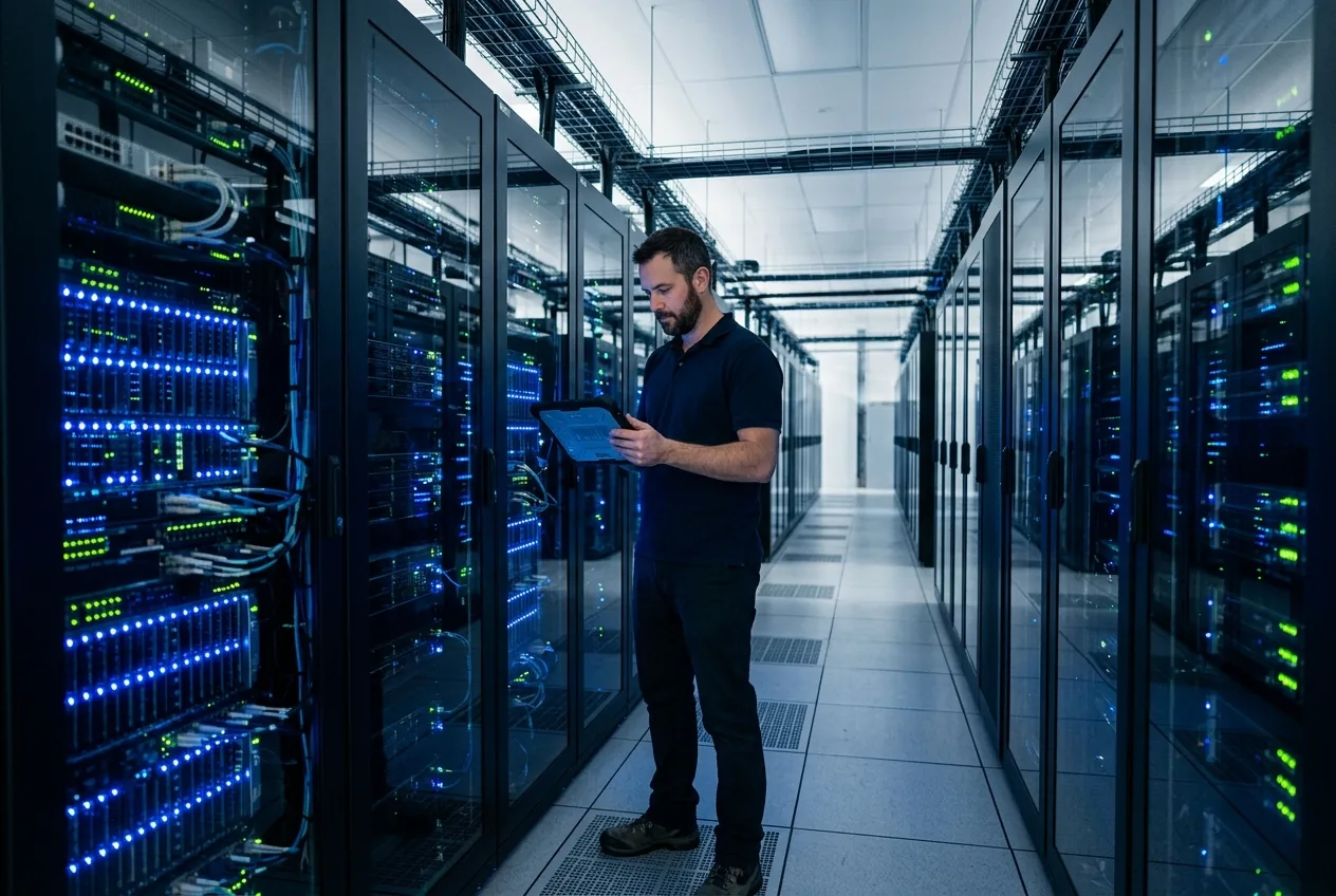 Engineer checking a tablet in a data center aisle between server racks (illustrative image)