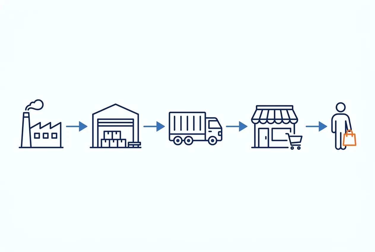Diagram of a distribution chain from manufacturer through warehouse and transport to store and customer