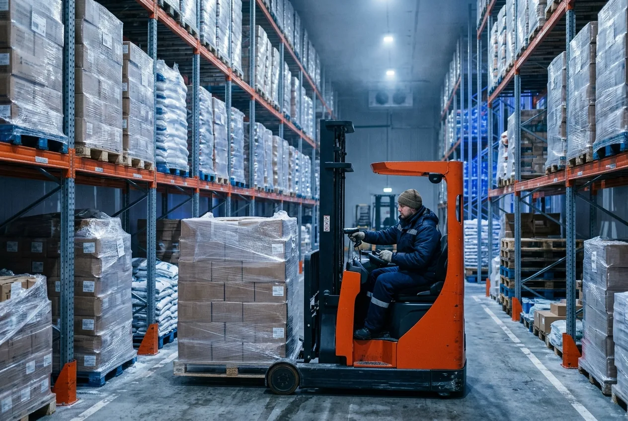 Multi-temperature cold storage warehouse with pallet racking and a scanner-equipped forklift operator (illustrative image)