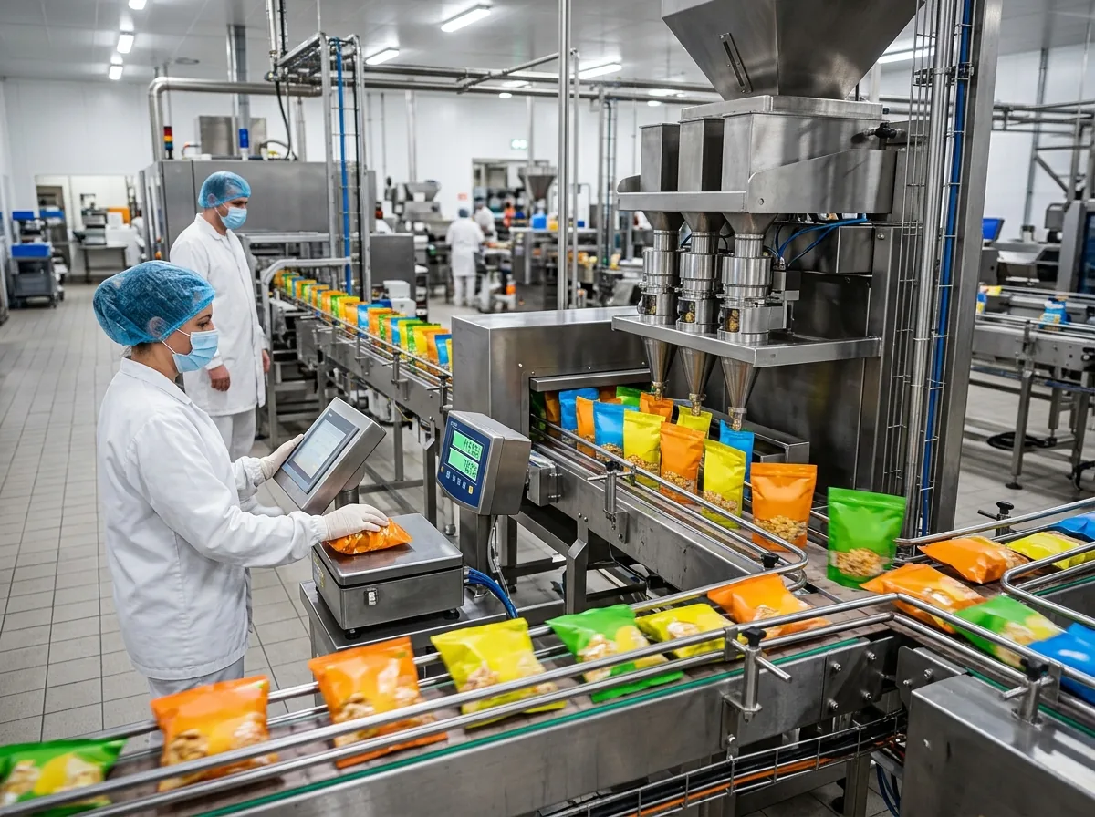 Packaged food production line with automated filling, checkweighing and operators (illustrative image)