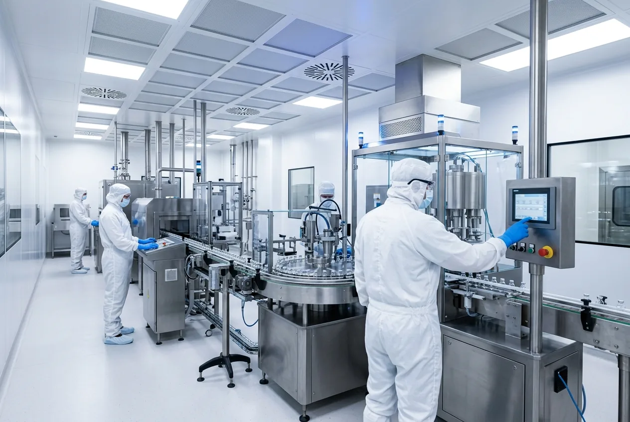 Operators in sterile gowns monitoring filling equipment in a pharmaceutical cleanroom (illustrative image)