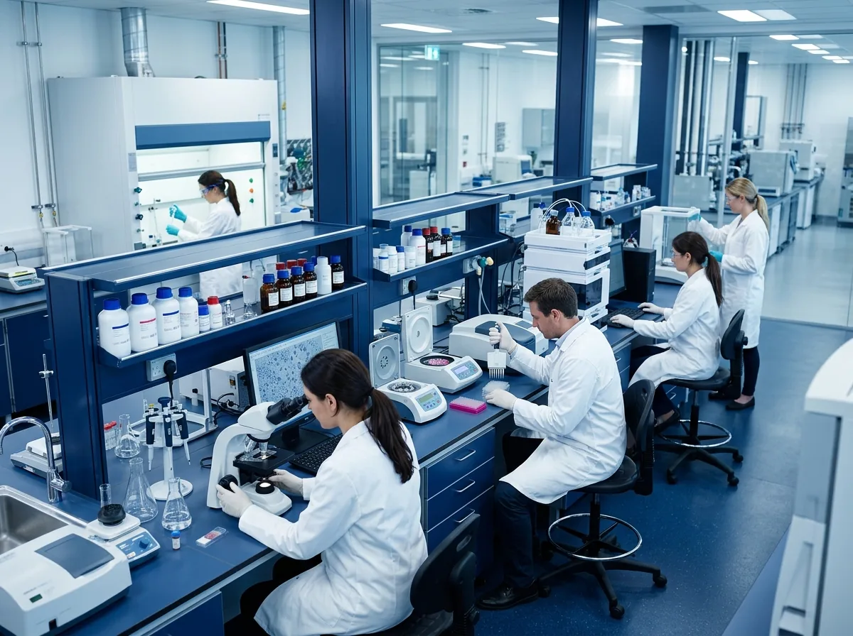 Scientists working at benches with microscopes and analytical instruments in a pharmaceutical laboratory (illustrative image)