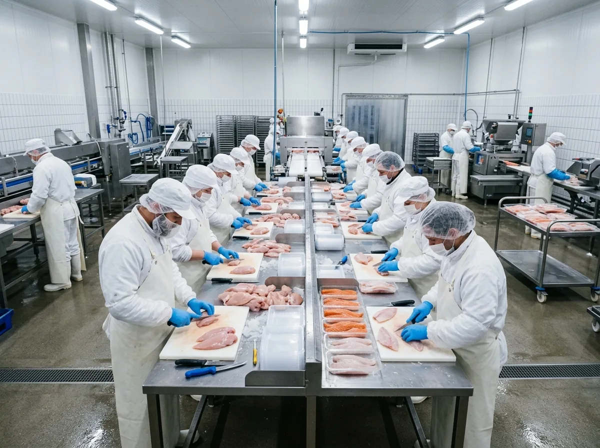 Hygienic protein processing facility where operators portion and pack poultry and fish (illustrative image)